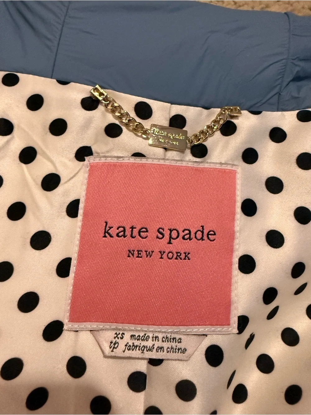Kate Spade New York Blue Hooded Rain Jacket Polka Dot Lining XS